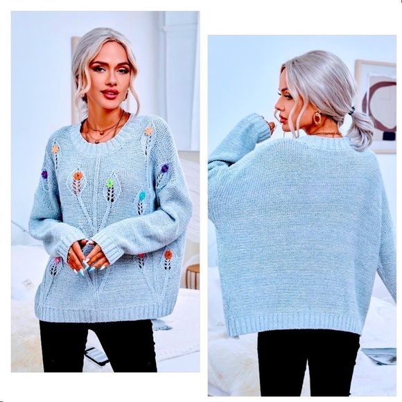 NWT! COLORFUL FLOWER HAND EMBROIDERED DROP SHOULDER POINTELLE KNIT SWEATER-GRAY! - Picture 4 of 14